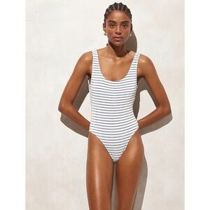 NEW J Crew Claudia Scrunchie One Piece Swimsuit Navy White Stripe Size 14